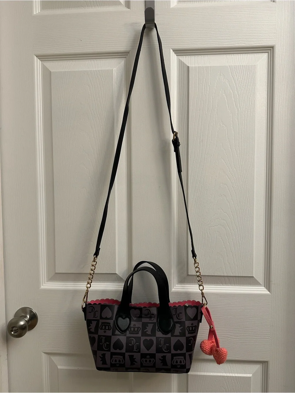 Juicy Couture Black and Charcoal Checker Satchel with Pink Heart Charm